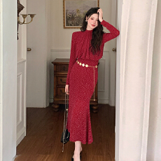 批发外贸 实拍2026秋季新款气质鱼尾时尚显瘦亮钻<b class='q'>连衣</b>裙配腰带