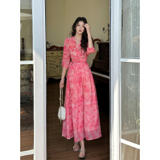 批发<b class='q'>外贸</b> 2026新款纯欲碎花雪纺套装性感v领交叉绑带<b class='q'>连衣裙</b>