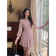 批发<b class='q'>外贸</b> 法式V领长袖<b class='q'>连衣裙</b>显瘦褶皱收腰名媛气质百褶短裙