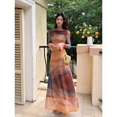 批发<b class='q'>外贸</b> 落日扎染印花荡领<b class='q'>连衣裙</b>女气质修身收腰显瘦度假长裙