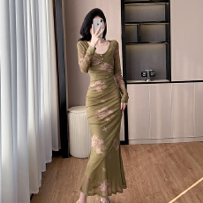 批发<b class='q'>外贸</b> 鹭青一国风印花<b class='q'>连衣裙</b>春季弹力网纱新中式吊带裙