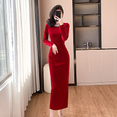 批发外贸 实拍 倪妮明星<b class='q'>同款</b>女神范赫本性感重工钻石中长款裙子