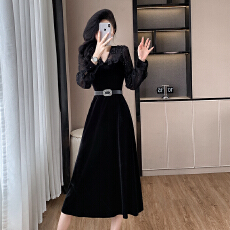 批发<b class='q'>外贸</b> 法式显瘦名媛高级感小香风金丝绒连衣裙 送腰带