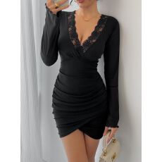 批发欧美跨境2026春季新款女士V领网纱撞色<b class='q'>蕾丝</b>修身喇叭袖迷你<b class='q'>连衣裙</b>