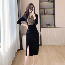 批发外贸  新款亮片礼服裙名媛风<b class='q'>修身</b>显瘦金丝绒气质连衣裙