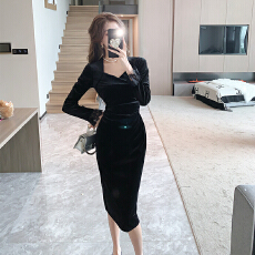 批发外贸  黑色金丝绒连衣裙女2026秋装气质名媛高端法式<b class='q'>修身</b>显瘦长裙