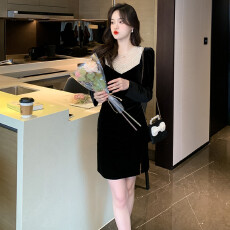 批发外贸 实拍2026秋冬季新款爆款气质重工钉珠名媛气质金丝绒连衣裙