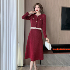 批发外贸 秋冬小香风立领<b class='q'>蕾丝</b>拼接短外套灯芯绒套装a字半身长裙两件套