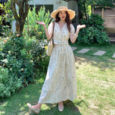 批发外贸 刺绣小香风套装女2026新款短袖上衣碎花长裙两件套