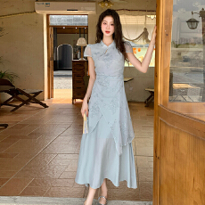 批发外贸 新中式立领斜襟不规则假两件改良旗袍<b class='q'>连衣裙</b>