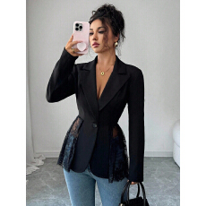 批发欧美跨境亚马逊2026春季新款撞色<b class='q'>蕾丝</b>腰身修身A字型女式<b class='q'>西装</b>外套