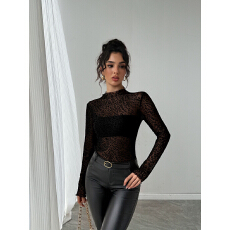 批发欧美跨境亚马逊2026春季新款高领修身显瘦长袖网纱打底百搭女上衣