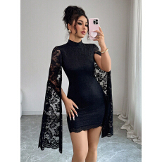 批发欧美跨境外贸2026新款时尚蕾丝小立领开衩长袖性感<b class='q'>连衣裙</b>秋冬女