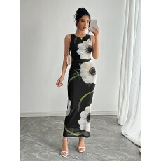 批发欧美跨境外贸2026年春<b class='q'>夏</b>新款女士黑色网纱印花无袖<b class='q'>连衣裙</b>长裙