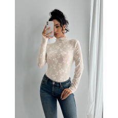 批发跨境外贸2026年春季新款女士蝴蝶提花网布修身小立领长袖T恤上衣