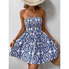 批发欧美跨境外贸2026年夏季优雅女式蓝色印花抹胸连衣裙短款伞裙