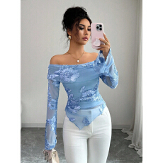 跨境外贸2026春季新款一字领喇叭袖不对称下摆刺绣百搭洋气上衣女