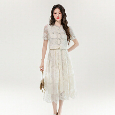 批发外贸 2026夏季新款水溶花小香风短袖两件套连衣裙