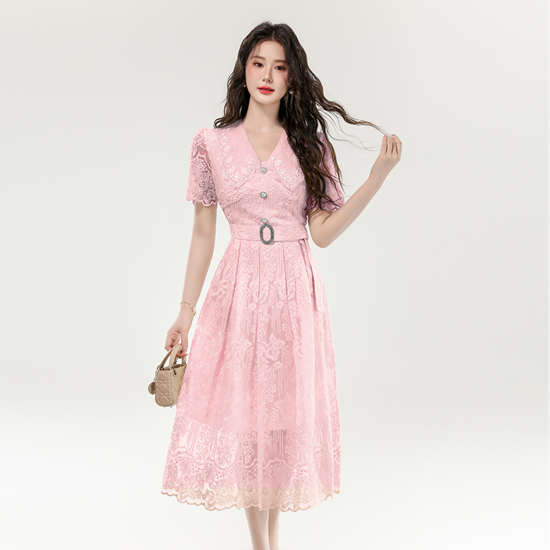 MY16862# 新款富家千金长裙子镂空蕾丝刺绣收腰大摆连衣裙女裝貨源服裝批發