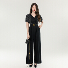 批发外贸 高级感连体<b class='q'>裤</b><b class='q'>减龄</b>显瘦<b class='q'>雪纺</b>条纹拼接连体衣阔腿<b class='q'>裤</b>