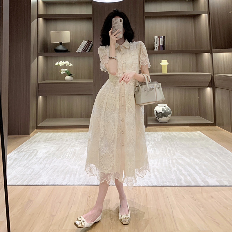 MY16858# 法式重工蕾丝刺绣翻领单排扣收腰显瘦礼服连衣裙女裝貨源服裝批發