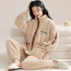 批发冬季睡衣女法兰绒加绒加厚拉链款<b class='q'>大码</b>休闲可外穿保暖家居服套装