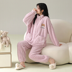 批发冬季睡衣女法兰绒加绒加厚拉链款<b class='q'>大码</b>休闲可外穿保暖家居服套装