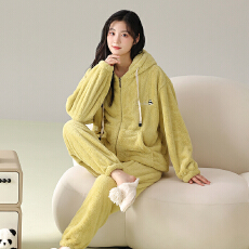 批发冬季睡衣女法兰绒连帽加绒加厚<b class='q'>大码</b>休闲可外穿保暖家居服拉链套装