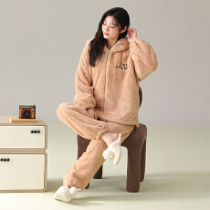 批发冬季睡衣女法兰绒连帽加绒加厚<b class='q'>大码</b>休闲可外穿保暖家居服拉链套装