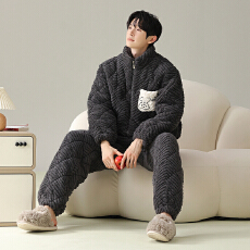 批发<b class='q'>男</b>士三层夹棉睡衣加绒加厚大码宽松可外穿家居服珊瑚绒450克套装
