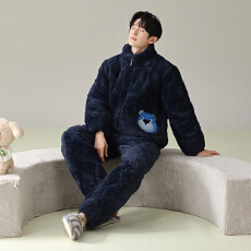 批发<b class='q'>男</b>士三层夹棉睡衣加绒加厚大码宽松可外穿家居服珊瑚绒450克套装