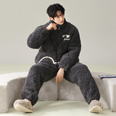 批发<b class='q'>男</b>士三层夹棉睡衣加绒加厚大码宽松可外穿家居服珊瑚绒450克套装