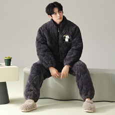 批发<b class='q'>男</b>士三层夹棉睡衣加绒加厚大码宽松可外穿家居服珊瑚绒450克套装