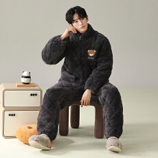 批发<b class='q'>男</b>士三层夹棉睡衣加绒加厚大码宽松可外穿家居服珊瑚绒450克套装