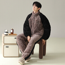 批发<b class='q'>男</b>士三层夹棉睡衣加绒加厚大码宽松可外穿家居服珊瑚绒450克套装