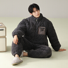 批发<b class='q'>男</b>士三层夹棉睡衣加绒加厚大码宽松可外穿家居服珊瑚绒450克套装