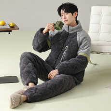 批发<b class='q'>男</b>士三层夹棉睡衣加绒加厚大码宽松可外穿家居服珊瑚绒450克套装