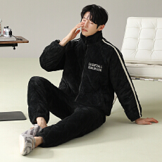 批发<b class='q'>男</b>士三层夹棉睡衣加绒加厚大码宽松可外穿家居服珊瑚绒450克套装