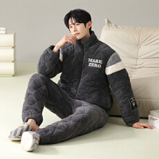 批发<b class='q'>男</b>士三层夹棉睡衣加绒加厚大码宽松可外穿家居服珊瑚绒450克套装