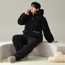 批发冬季<b class='q'>男</b>士三层夹棉睡衣加绒加厚连帽大码宽松可外穿保暖家居服套装