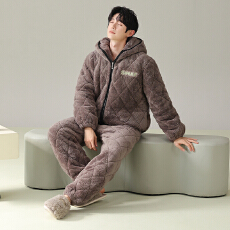 批发冬季男士三层夹棉<b class='q'>睡衣</b>加<b class='q'>绒</b>加厚连帽大码宽松可外穿保暖家居服套装