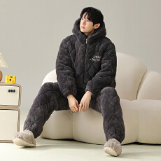 批发冬季男士三层夹棉<b class='q'>睡衣</b>加<b class='q'>绒</b>加厚连帽大码宽松可外穿保暖家居服套装