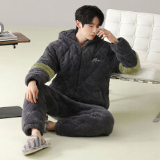 批发冬季男士三层夹棉<b class='q'>睡衣</b>加<b class='q'>绒</b>加厚连帽大码宽松可外穿保暖家居服套装