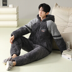 批发冬季男士三层夹棉<b class='q'>睡衣</b>加<b class='q'>绒</b>加厚连帽大码宽松可外穿保暖家居服套装