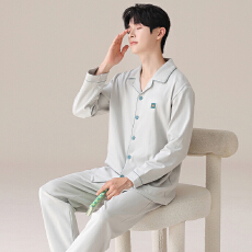 批发男士纯棉睡衣春秋季长袖长裤纯色翻领开衫大码休闲宽松家居服套装