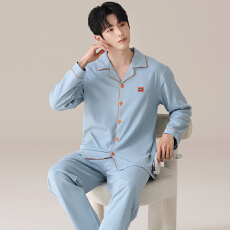 批发男士纯棉睡衣春秋季长袖长裤纯色翻领开衫大码休闲宽松家居服套装