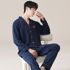 批发男士纯棉睡衣春秋季长袖长裤纯色翻领开衫大码休闲宽松家居服套装