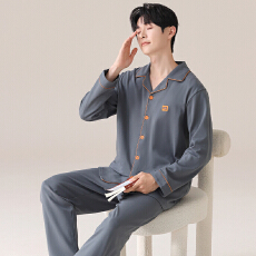 批发男士纯棉睡衣春秋季长袖长裤纯色翻领开衫大码休闲宽松家居服套装