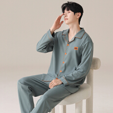 批发男士纯棉睡衣春秋季长袖长裤纯色翻领开衫大码休闲宽松家居服套装
