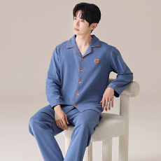 批发男士纯棉睡衣春秋季长袖长裤纯色翻领开衫大码休闲宽松家居服套装